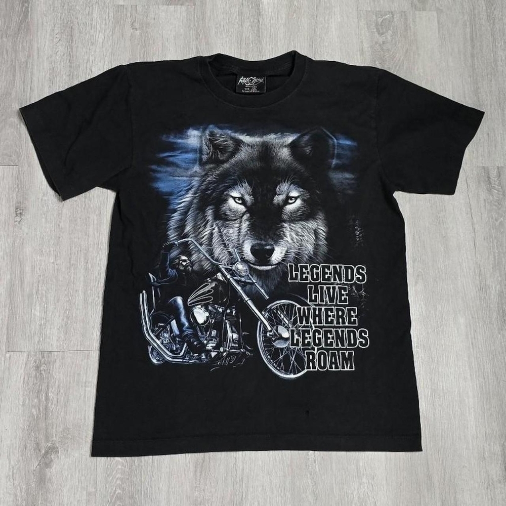 Vintage Y2K Legends Live Where Legends Roam Biker Wolf 00s Tee Black